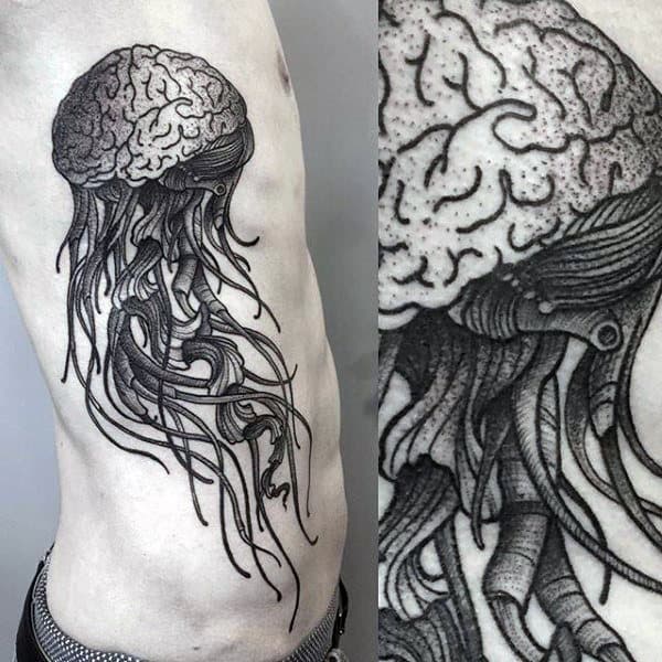 Mens Torso Brain With Hanging Slimy Strings Tattoo