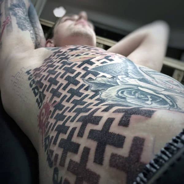 Mens Torso Dotted Crossed Pattern Tattoo