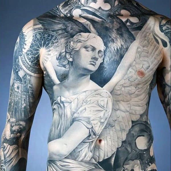 Mens Torso Phenomenal White Marbled Guardian Angel Tattoo