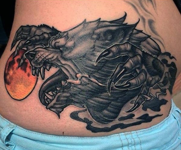 Mens Torso Sharp Nailed Black Werewolf And Sun Tattoo