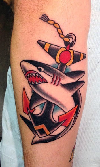 Mens Traditional Anchor And Shark Tattoo On Inner Arm