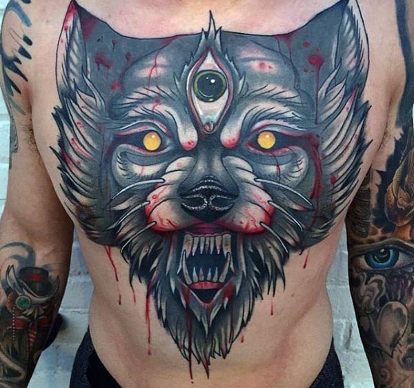 Mens Traditional Angry Wolf Tattoo On Chest
