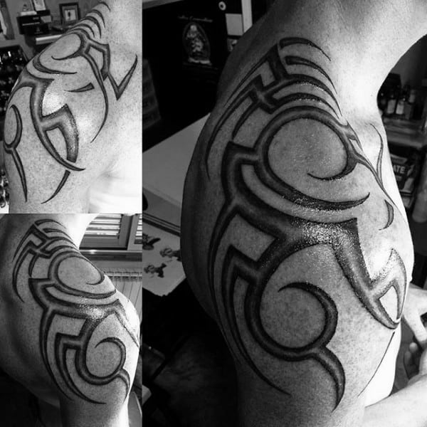 Mens Traditional Black Ink Shaded Tribal Shoulder Tattoos