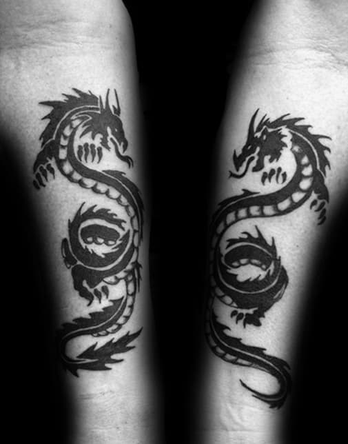 Mens Traditional Black Ink Tribal Dragon Tattoo On Forearm