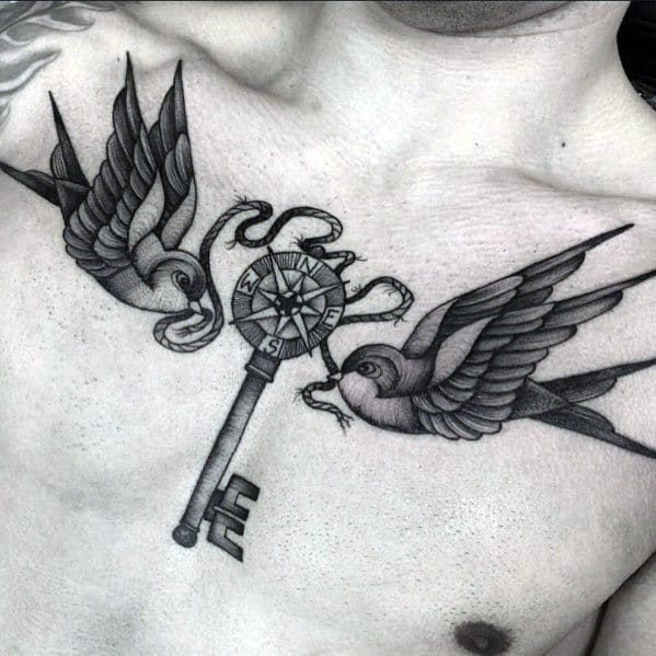mens-traditional-chest-tattoo-with-flying-swallows-and-key-design