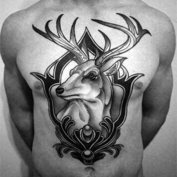 Mens Traditional Deer Black And Grey Shaded Tattoo On Chest