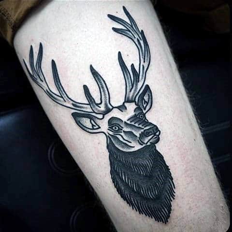 Mens Traditional Deer Shaded Tattoo Design On Leg