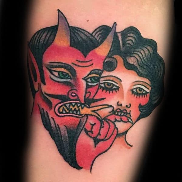 Mens Traditional Devil With Lady Arm Tattoo