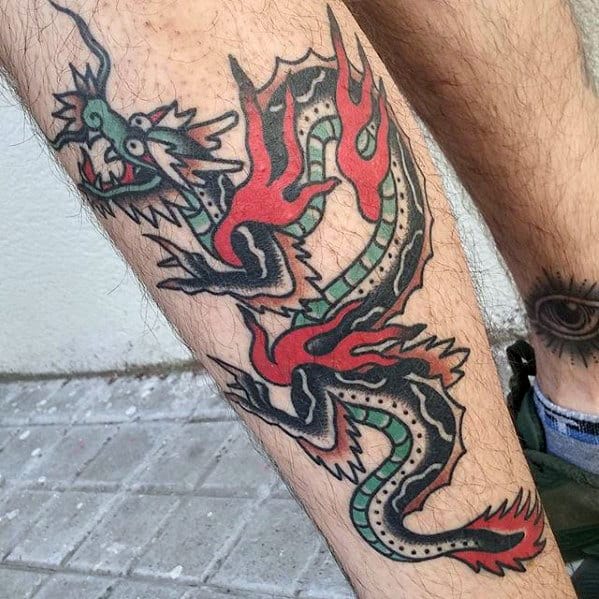 Mens Traditional Dragon Back Of Leg Tattoo