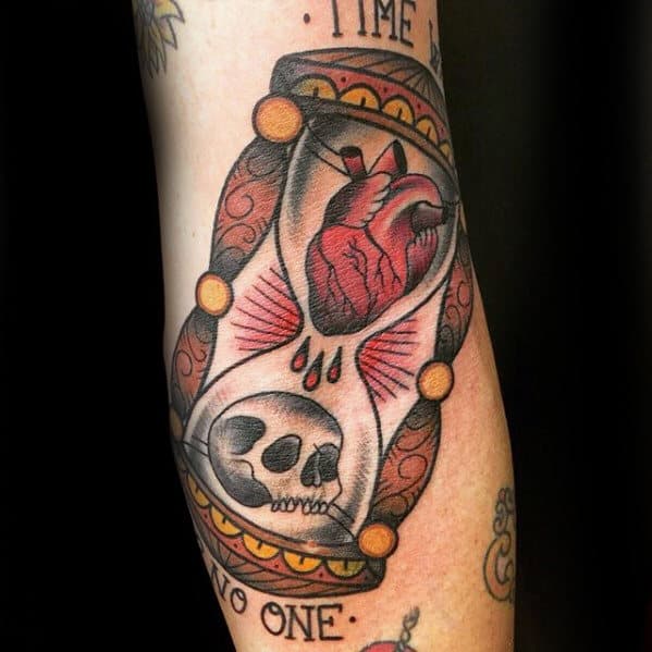 Mens Traditional Hourglass With Heart And Skull Tattoo On Forearm
