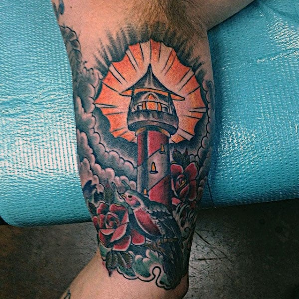 Mens Traditional Inner Arm Bicep Lighthouse Tattoo Designs