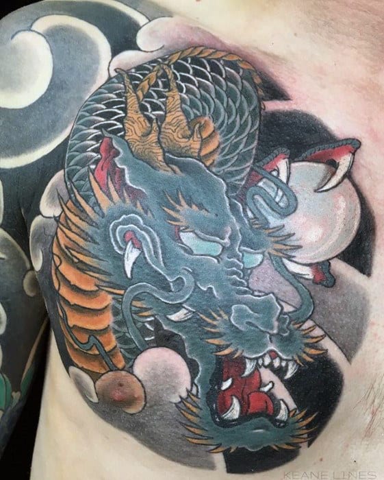 Mens Traditional Japanese Dragon Upper Chest Tattoo