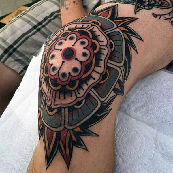 Mens Traditional Knee Tattoo Design With Colorful Ink