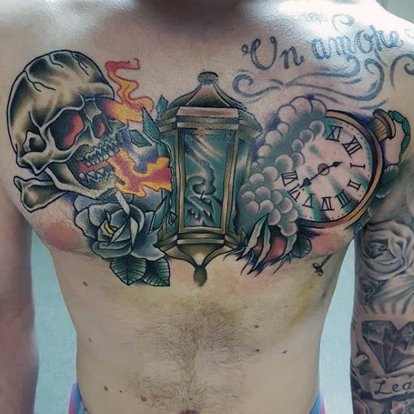 Mens Traditional Lantern With Skull And Clock Chest Tattoo