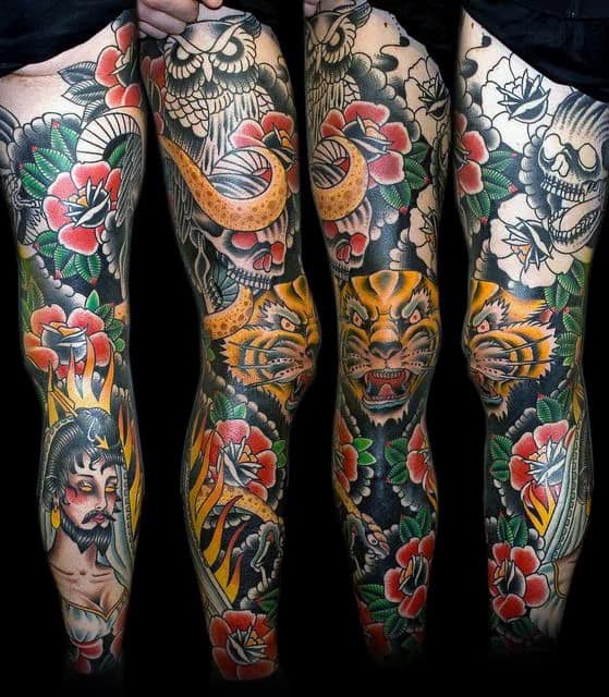 Mens Traditional Leg Sleeve Tattoo Design Inspiration