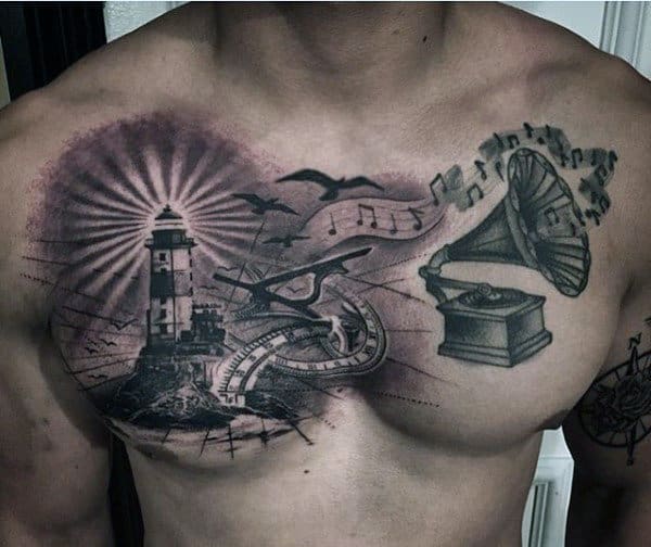 Mens Traditional Lighthouse Tattoo On Chest