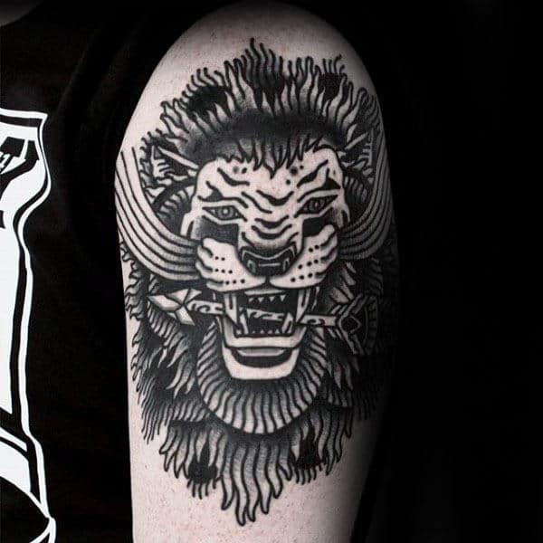 Mens Traditional Lion With Arrow In Teeth Arm Tattoo