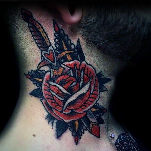 mens-traditional-neck-dagger-through-red-rose-flower-tattoo-designs