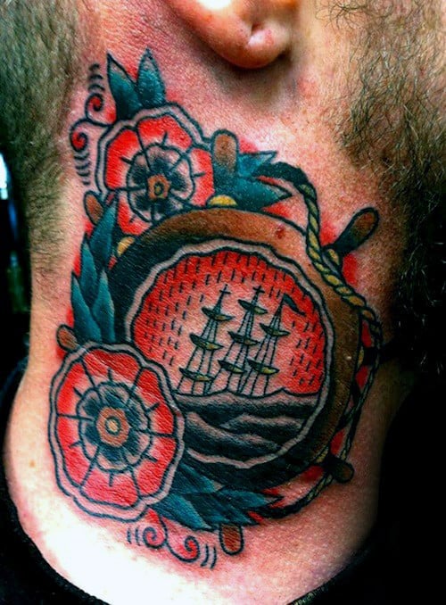 Mens Traditional Neck Ship Wheel Tattoos