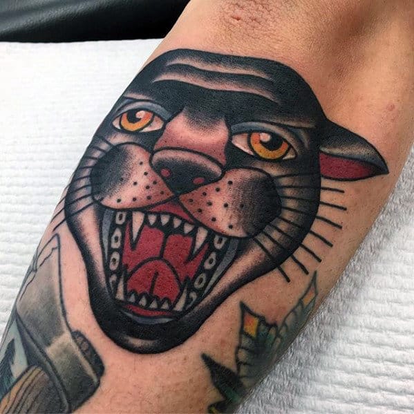 Mens Traditional Panther Head Retro Outer Forearm Tattoo
