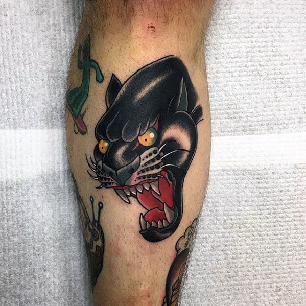 Mens Traditional Panther Head Tattoo On Side Of Leg