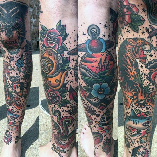 Mens Traditional Rose Flower Sleeve Tattoo With Filler Design