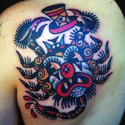 Mens Traditional Scorpion With Clown Theme Tattoo On Shoulder