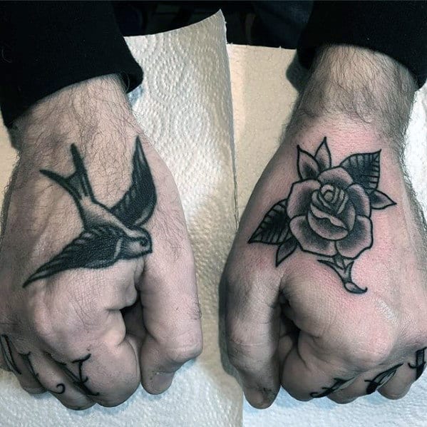 Mens Traditional Shaded Rose Flower Hand Tattoo
