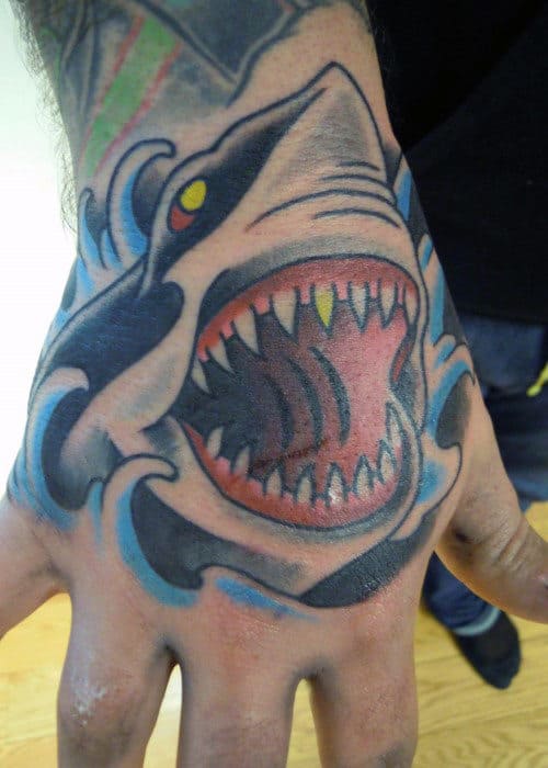 Mens Traditional Shark In Water Hand Tattoo