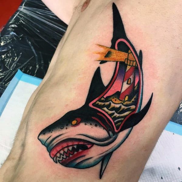Mens Traditional Shark With Lighthouse Rib Cage Side Tattoos