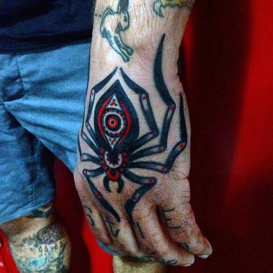 Mens Traditional Spider Tattoo On Backhand