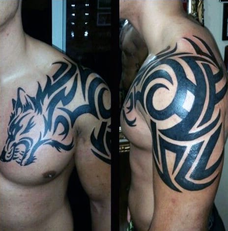 Mens Traditional Tribal Wolf Arm And Chest Tattoos