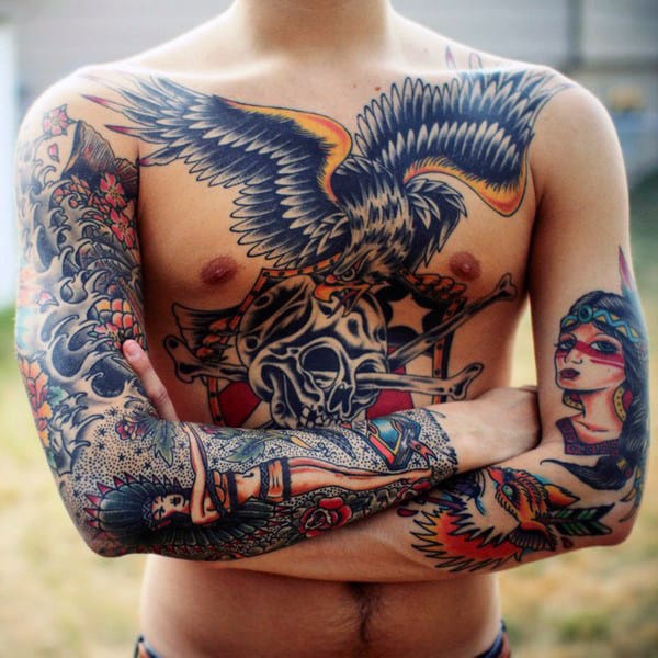 Mens Traditional Upper Chest Eagle Tattoos