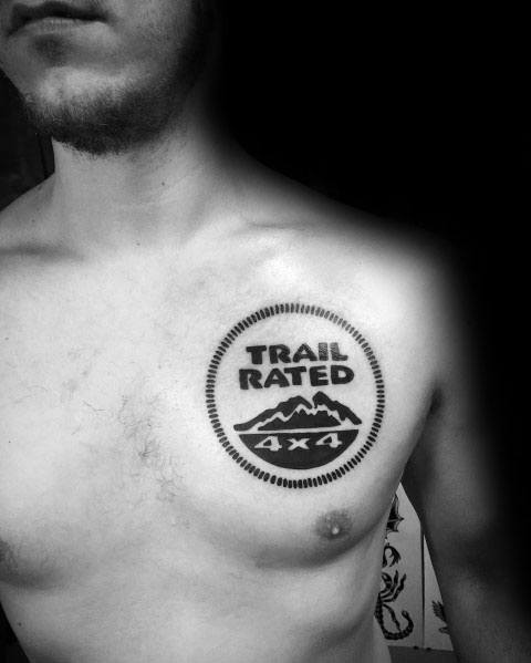 Mens Trail Rated 4×4 Jeep Logo Black Ink Tattoo On Upper Chest