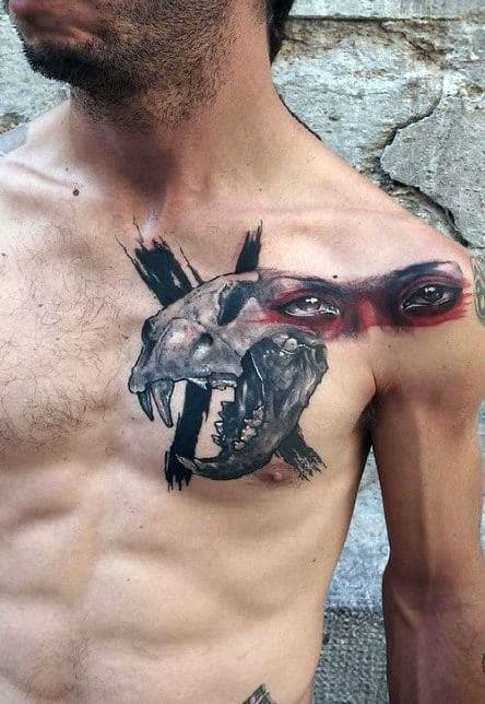 mens-trash-polka-lion-skull-watercolor-chest-tattoo – Copy