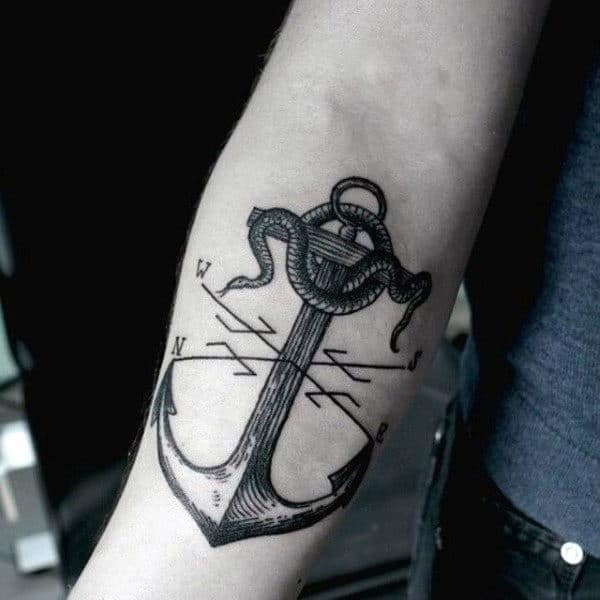 Mens Travel Anchor Tattoo With North South East And West On Forearm