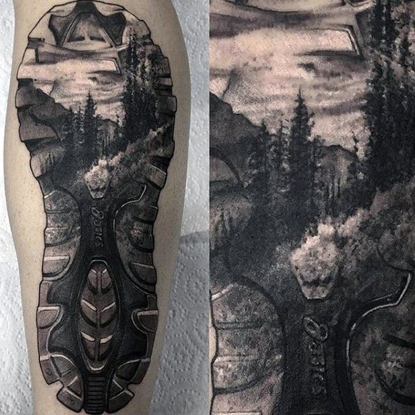 Mens Travel Tattoo Of Footprint With Nature Scene