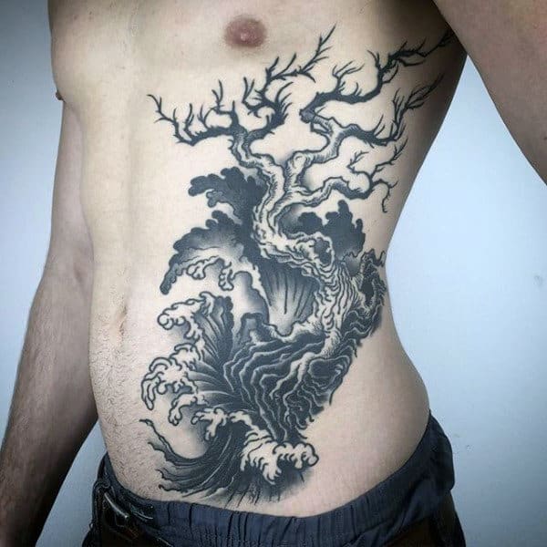 Mens Tree And Ocean Amazing Ribs Tattoo With Black And Grey Ink