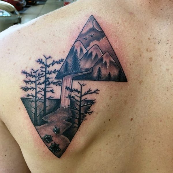 Mens Trees Waterfall Triangle Tattoo On Back
