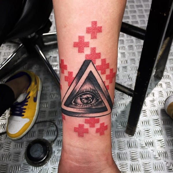 Mens Triangle Eye Tattoo With Red Crosses On Wrist
