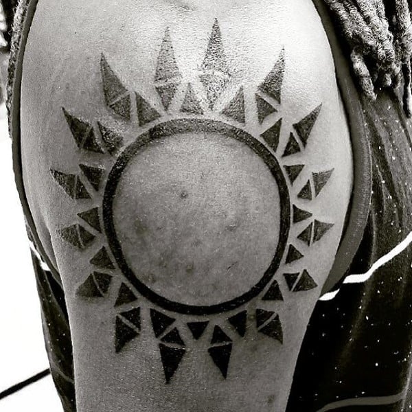Mens Triangle Geometric Tribal Sun Upper Arm Tattoo