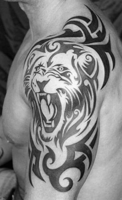Mens Tribal Arm And Shoulder Lion Tattoo