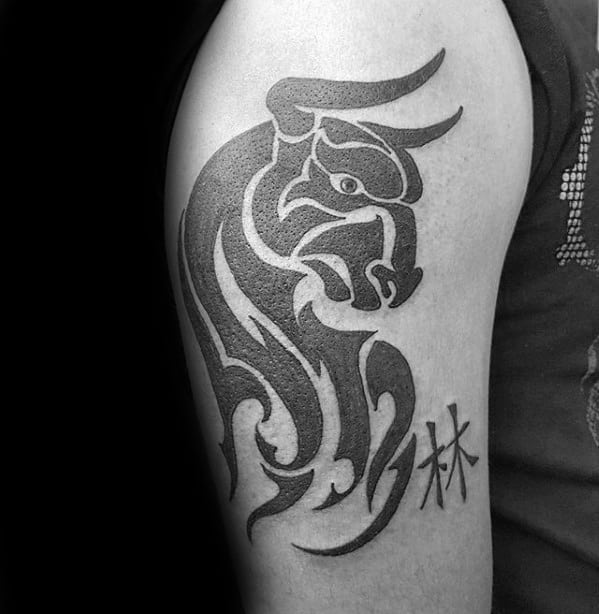 Mens Tribal Bull Arm Tattoo With Black Ink Design