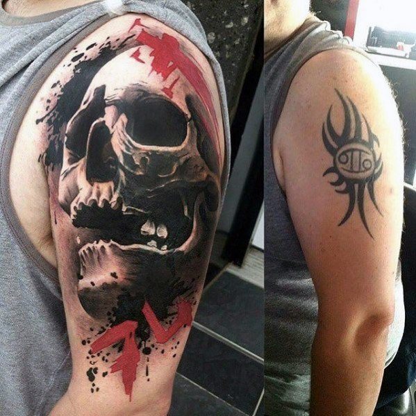 Mens Tribal Cover Up Tattoo On Arm With 3d Skull Design