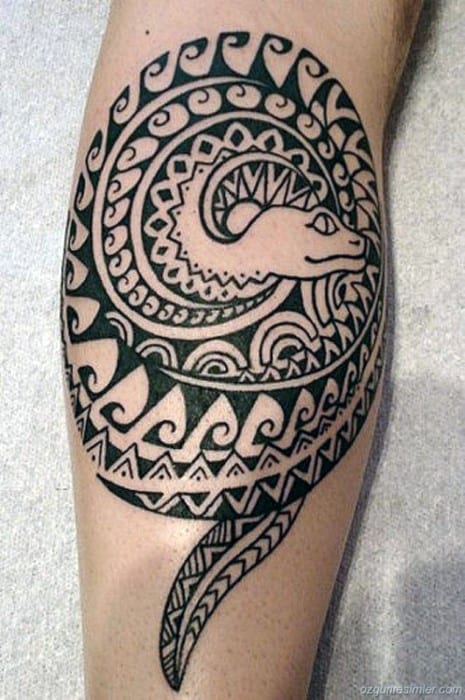 Mens Tribal Leg Calf Polynesian Tribal Snake Tattoo Ideas