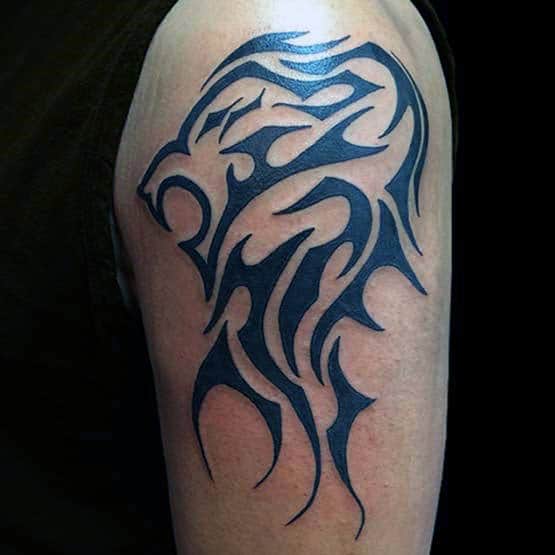 Mens Tribal Lion Arm Tattoo Design Ideas With Black Ink