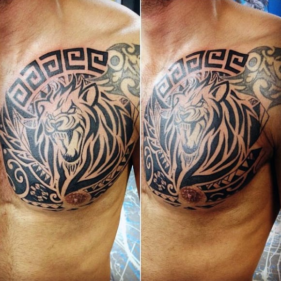 Mens Tribal Lion Upper Chest Tattoo Ideas