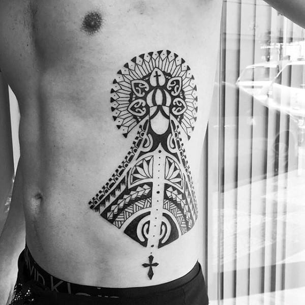 Mens Tribal Rib Cage Side Tattoo Of Mother Mary With Cross