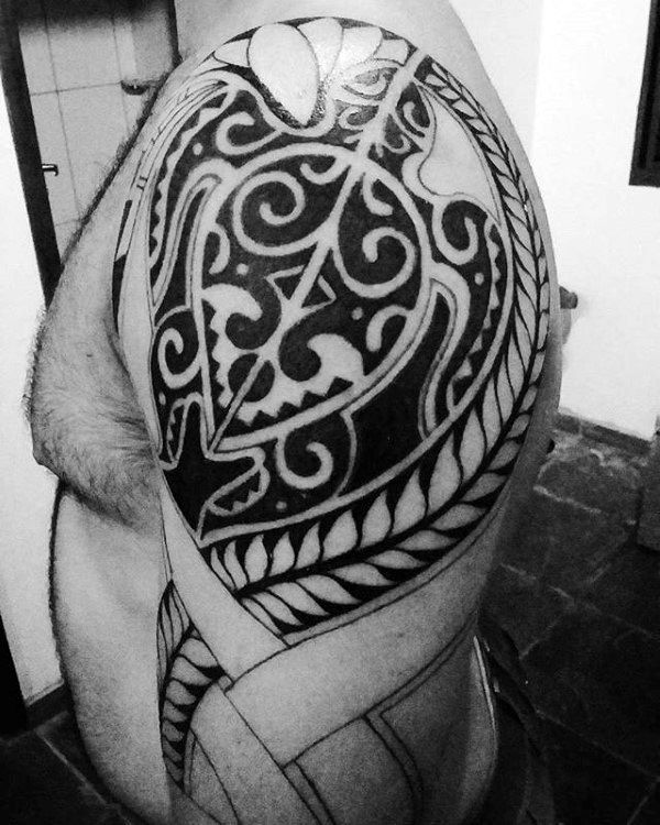 Mens Tribal Turtle Tattoo Design Black Ink Negative Space Design Half Sleeve