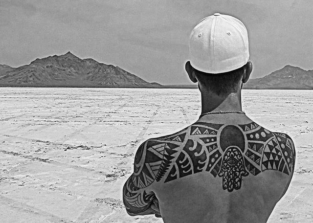 Mens Tribal Upper Back Hamsa And Sun Tattoo Design